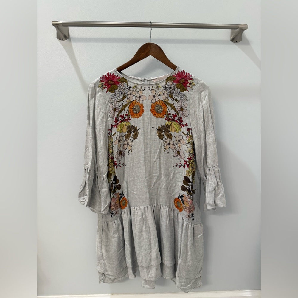 Zara Light Gray Floral Embroidered Mini Dress with Orange & Pink Accents